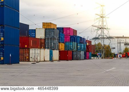 Cargo Containers. Cargo Container Yard. Stack Of Freight Containers At The Docks. Industrial Yard. I