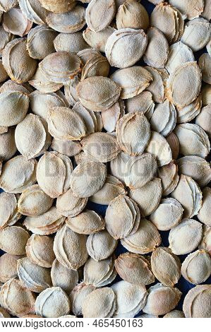 Dry Apricot Stones, Background. Apricot Kernels Are Used In The Production Of Cosmetics, Medicines A