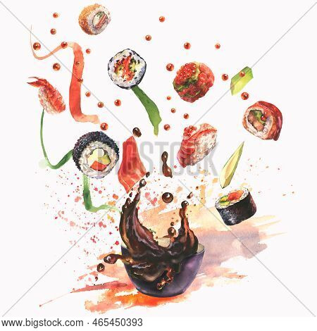 Watercolor Composition With Sushi, Splash Sause, Ingredients For Sushi On Colorfool Watrcolor Backgr