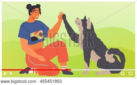 Video About Female Owner Playing With Dog. Caring For Four-footed Friend Concept. Happy Lady With Pu