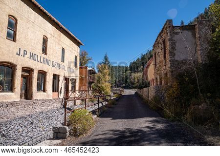 Mogollon, New Mexico - October 20, 2022: The Streets Of The Mogollon Ghost Town, A Former Mining Tow