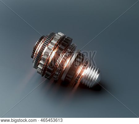 A Lightbulb Concept Made From Metal Cogwheels And A Central Neon Illuminated Lgiht Symbolising Imagi