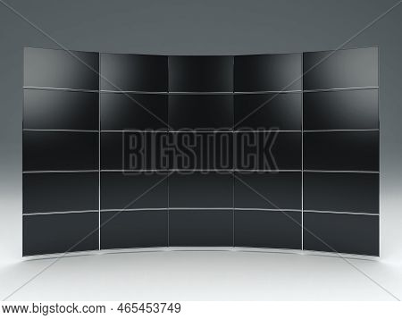 A Wall Of Black Flat Screen Television Laid Out In A Curved Shape On An Isolated Background - 3d Ren