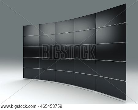 A Wall Of Black Flat Screen Television Laid Out In A Curved Shape On An Isolated Background - 3d Ren