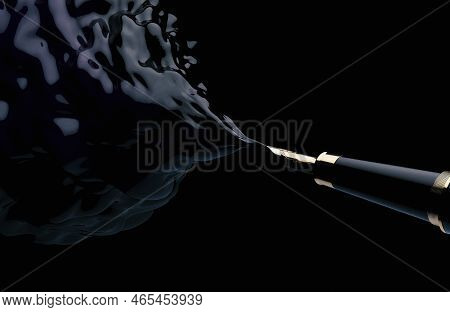 A Concept Showing A Fountain Pen Jetting Out A Swirling Plume Of Thick Ink On A Black Isolated Backg