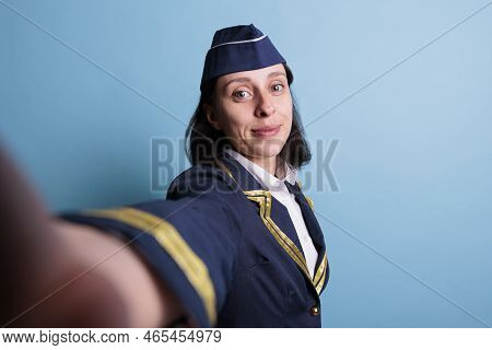 Smiling Flight Attendant Taking Selfie First Person View, Airplane Stewardess Making Photo On Smartp