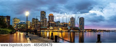 Panorama Of Boston Cityscape At Fan Pier Park At Night, Usa