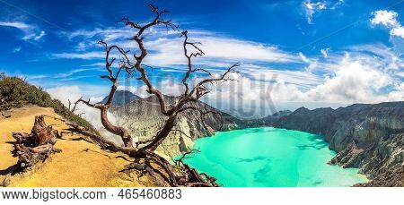 Panorama Of  Crater Of Active Volcano Ijen, Java Island, Indonesia
