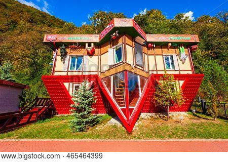 Rosa Khutor, Russia - October 04, 2020: Upside Down Or Flipped House In Roza Khutor Village In Sochi