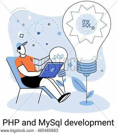 Php And Mysql Development Metaphor. Software Website Developer With Computer, Programmer Service, Op