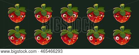 Funny Strawberry Character With Different Facial Expressions. Icons Of Fresh Red Berry With Green Le