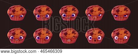 Emoji Set With Cute Cake Character. Funny Cupcake With Chocolate, Muffin With Happy, Sad, Angry And 