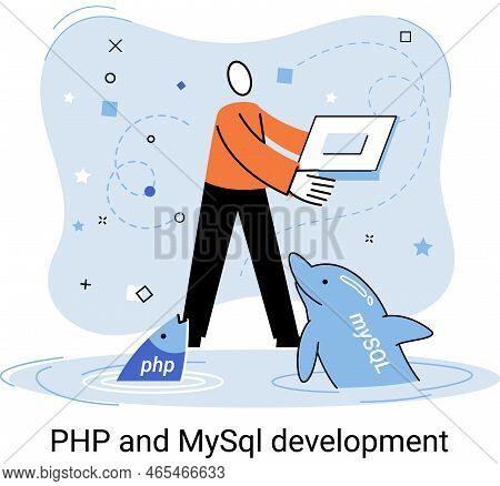 Php And Mysql Development Metaphor. Software Website Developer With Computer, Programmer Service, Op