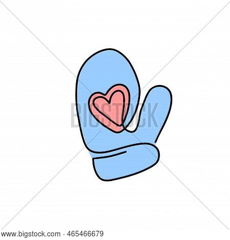 Continuous Drawing Of One Line Of Winter Mittens. The Icon Of A Winter Mitten With A Heart. Christma