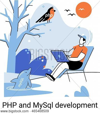 Php And Mysql Development Metaphor. Software Website Developer With Computer, Programmer Service, Op