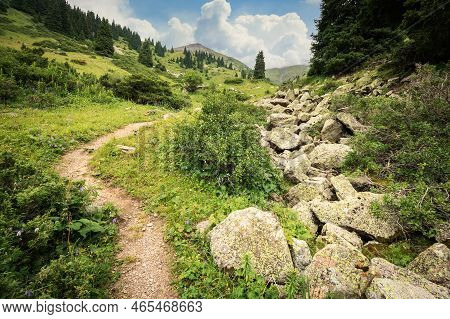 Hiking Trail To Mount Furmanov And Peak Panorama Along The Kimasar Gorge, In The Almaty Mountains
