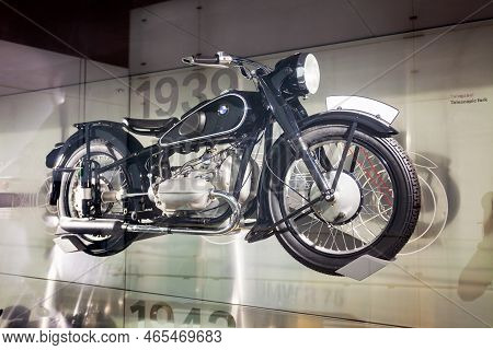 Munich, Germany - July 08, 2021: Vintage Classic Motorbike Bmw R51 1938 In Bmw Museum. It Is An Auto
