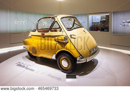 Munich, Germany - July 08, 2021: 1955 Bmw Isetta 250 Microcar In Bmw Museum. It Is An Automobile Mus