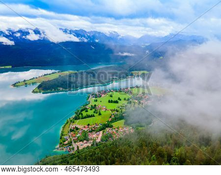 Walchensee Aerial Panoramic View. Walchensee Or Lake Walchen Is One Of The Deepest And Largest Alpin