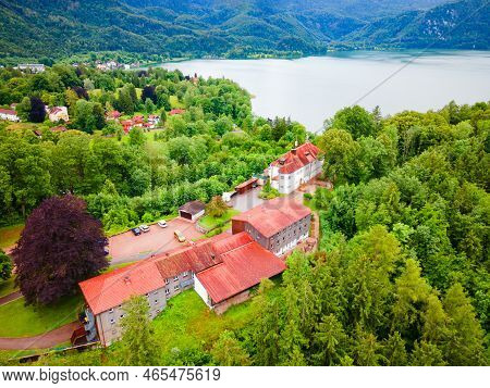 Schloss Aspenstein Aerial Panoramic View. Schloss Aspenstein Is Located In Kochel Am See Town At The