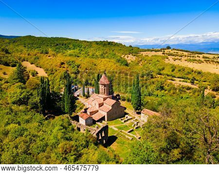 Ikalto Monastery Complex Aerial Panoramic View In Kakheti. Kakheti Is A Region In Eastern Georgia Wi