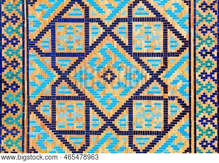 Registan Mosaic Pattern Design Background Of Ceramic Tiles Of Registan Madrasah In Samarkand City, U