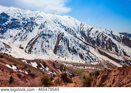 Chimgan Mountain In Tian Shan Range Near The Taskent City In Uzbekistan In Spring, View From Cable C