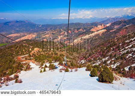 Cable Car To The Beldersay Mountain In Chimgan Region Near Taskent City In Uzbekistan In Spring