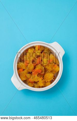 Fresh Mixed Vegetables On White Bowl On Blue Paper