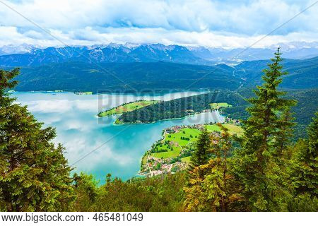 Walchensee Aerial Panoramic View From Herzogstand Viewpoint. Walchensee Or Lake Walchen Is One Of Th