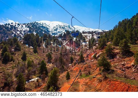 Cable Car To The Beldersay Mountain In Chimgan Region Near Taskent City In Uzbekistan In Spring