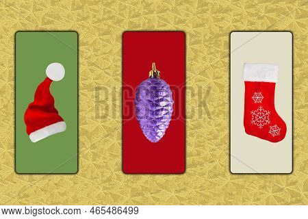 Contemporary Artbackground With Colored Christmas Attributes. Concept Of Holidays, Party, 2023 New Y