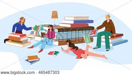 Bookcrossing Or Book Exchange Concept With Group Of Reading Young People. Flat Women And Men Read, E