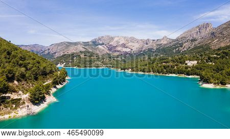 The Emerald Jewel, Guadalest Reservoir From A Drone View In The Province Of Alicante, Spain