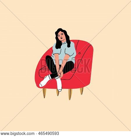 Young Fashion Woman Or Girl Sitting On The Chair Or Sofa At Home. Female Character Visiting Friend, 