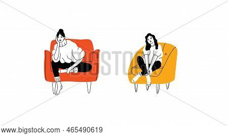 Young Fashion Women Or Girls Sitting On The Chair Or Sofa At Home. Female Characters Visiting Friend