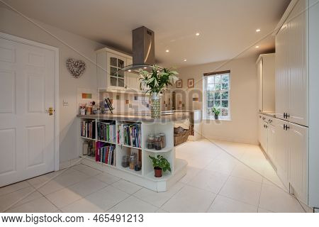 Fen Ditton, England - Jan 10 2019: Modern Open Plan Style Fitted Kitchen With Built In Appliances.
