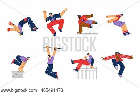 Set Of Parkouring Characters Flat Style, Vector Illustration