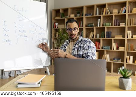 Cyberlearning, Remote Education Concept. Arab Male Teacher Giving Online English Lesson, Using Lapto