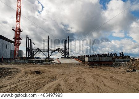 Construction Site Background. Industrial Background. Building Construction Site Work Against Blue Sk