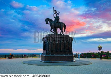 Monument To Grand Prince Vladimir And Saint Fedor In Vladimir City, Golden Ring Of Russia At Sunset