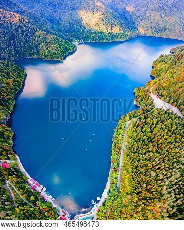 Lake Ritsa Aerial Panoramic View At Sunset. Lake Ritsa Is A Lake In The Caucasus Mountains In Abkhaz