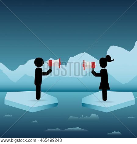 Man And Woman Standing On Ice Floe And Screaming In Megaphone To Each Other