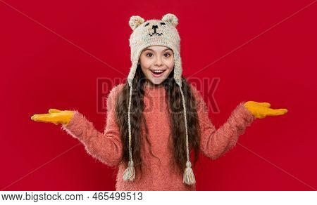 Earflap Hat Knitwear. Teen Kid Model In Earflap Hat, Copy Space. Teen Kid In Earflap Hat