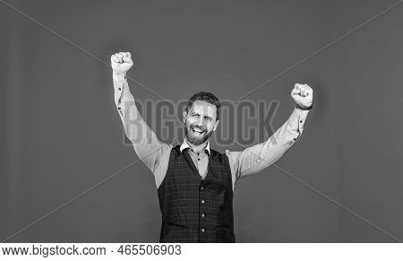 Euphoric Business Man Celebrate Success Or Victory Making Winner Gesture Red Background, Euphoria