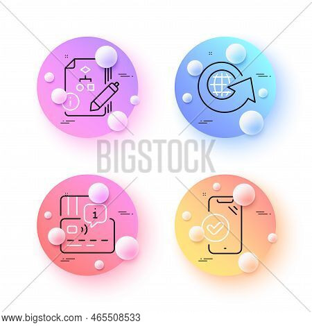 World Globe, Approved Phone And Card Minimal Line Icons. 3d Spheres Or Balls Buttons. Algorithm Icon