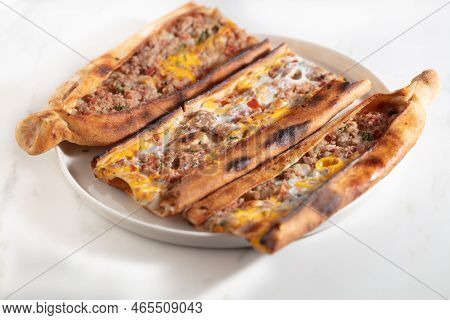 Assorted Turkish Foodset. Pide With Meat , Pide With Egg, Pide Mix, Lachmajun