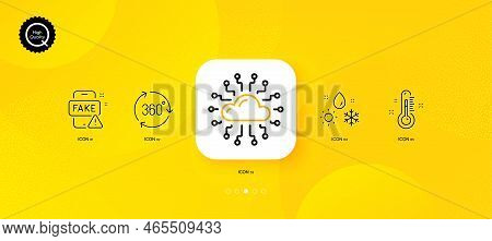 Thermometer, Weather And Fake News Minimal Line Icons. Yellow Abstract Background. 360 Degree, Cloud