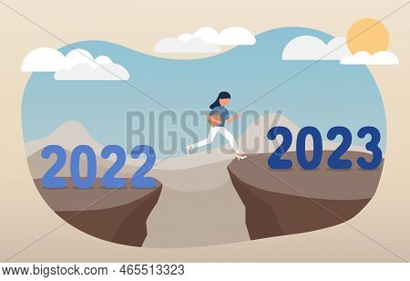Businessman Jumping Above Two Mountains, Concept Of Change From 2022 To 2023, Moving Forward, Hopes,