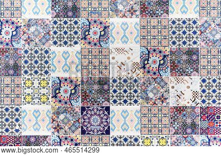 Ornamental Oriental Tiled Wall, Closeup Background. Red, Blue, White And Purple Colors. Mojacar Vill